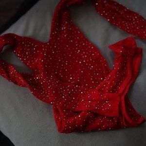 NWOT Red Rhinestone Fishnet Bodysuit.